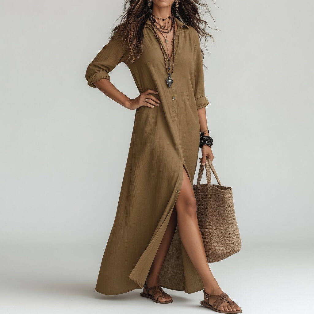 Vestido largo de camisa oversize bohemio - Algodón puro fluido y atemporal