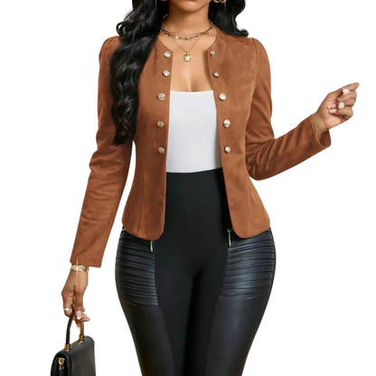 Blazer Corto con Hombreras – Chaqueta de Escote en V con Doble Botón