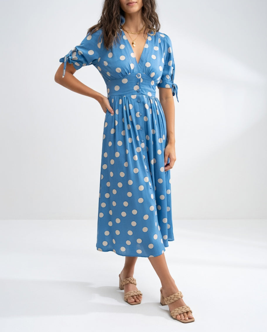 Vestido Midi de Lunares - Elegancia Atemporal para Mujer