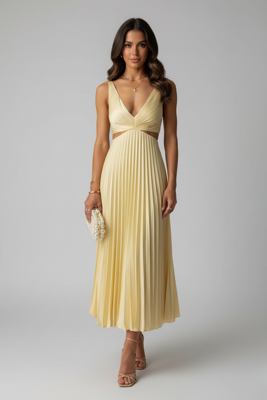 Vestido Midi Plisado Elegante para Invitadas de Boda de Luna