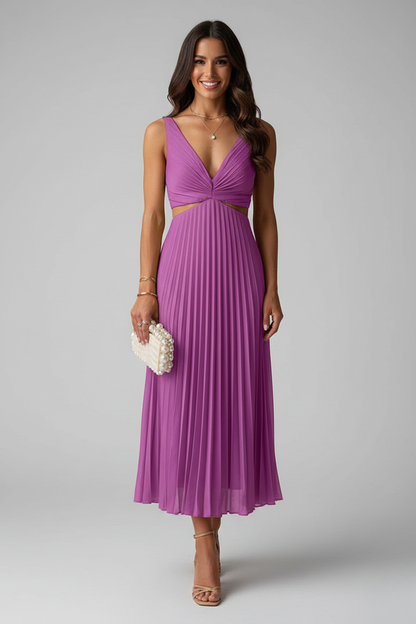 Vestido Midi Plisado Elegante para Invitadas de Boda de Luna