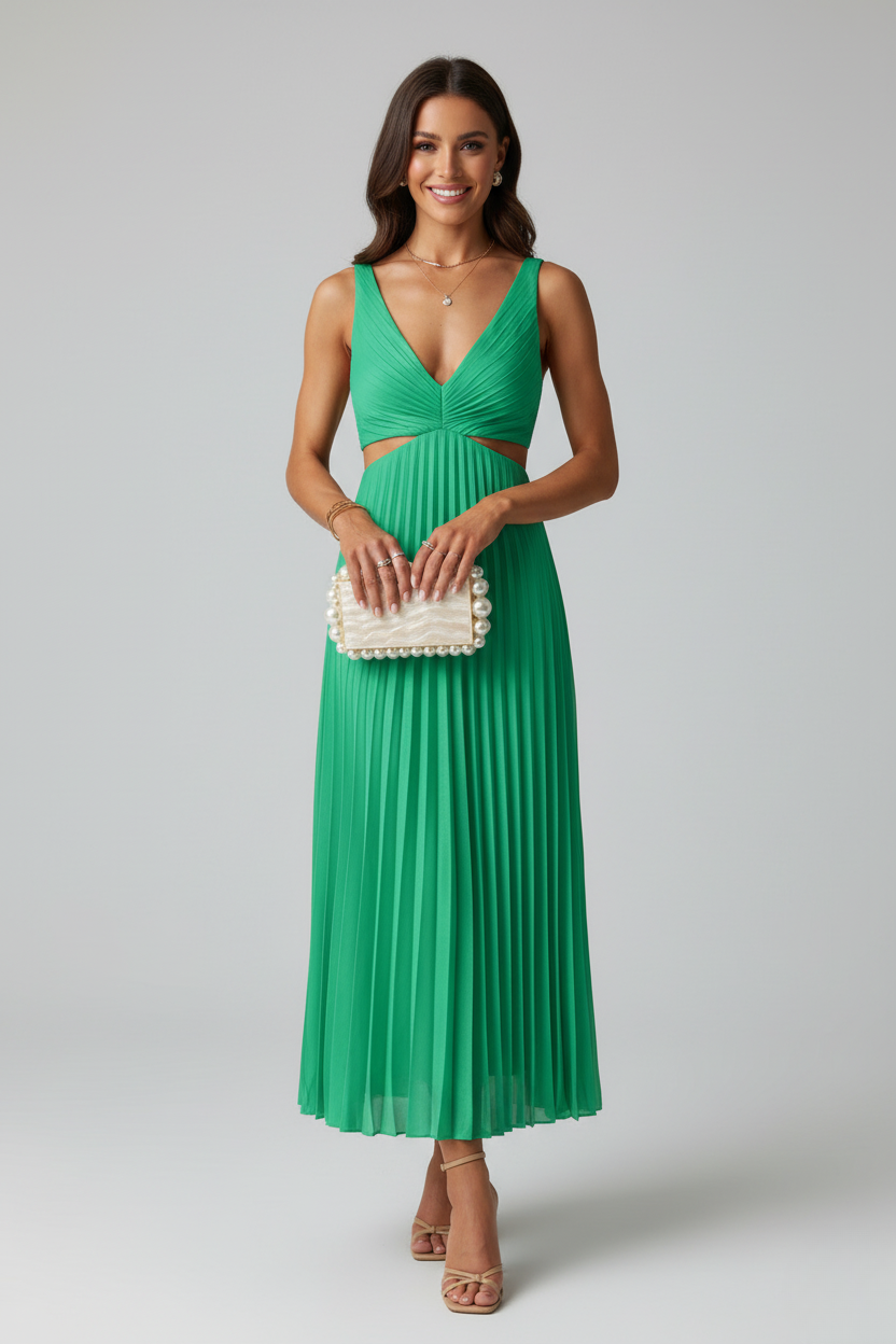 Vestido Midi Plisado Elegante para Invitadas de Boda de Luna