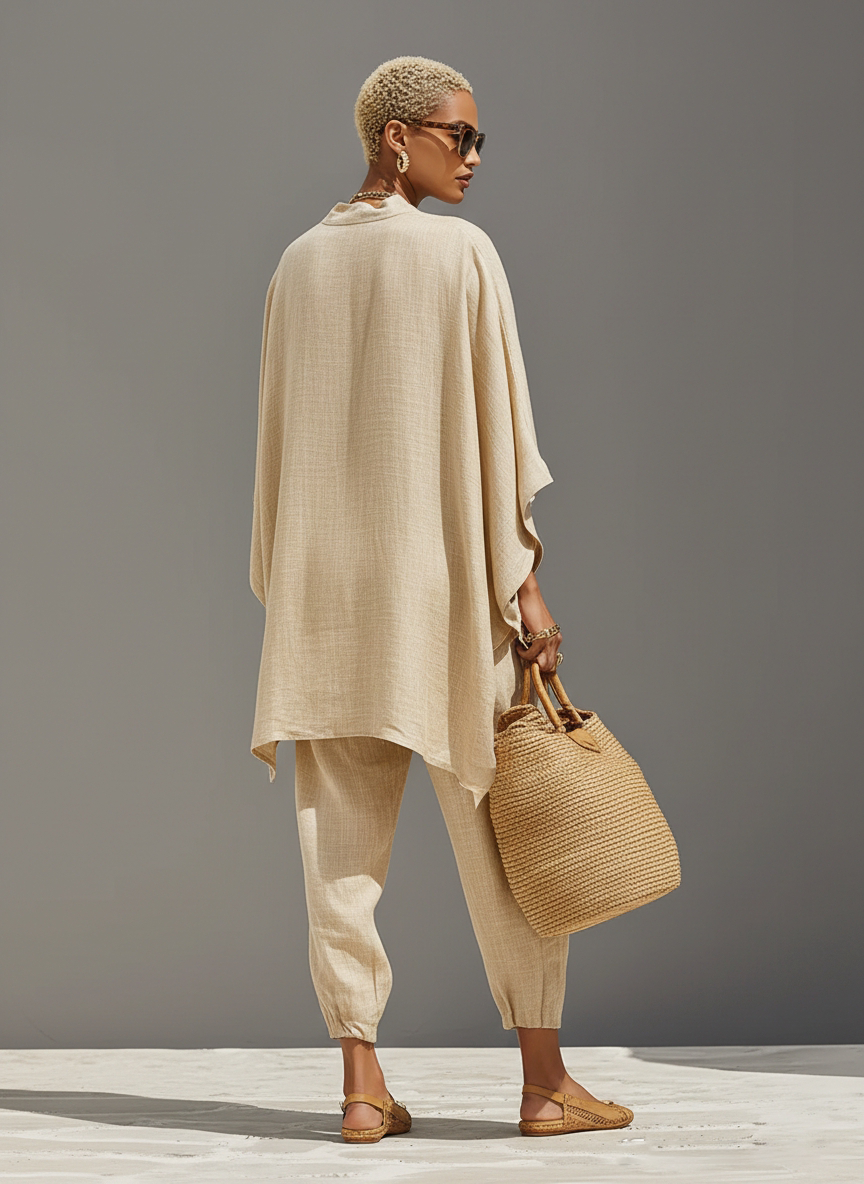 Conjunto Neutro de Lino para Mujer con Dobladillo Asimétrico y Diseño Minimalista, Estilo Diario-Casual Sofisticado