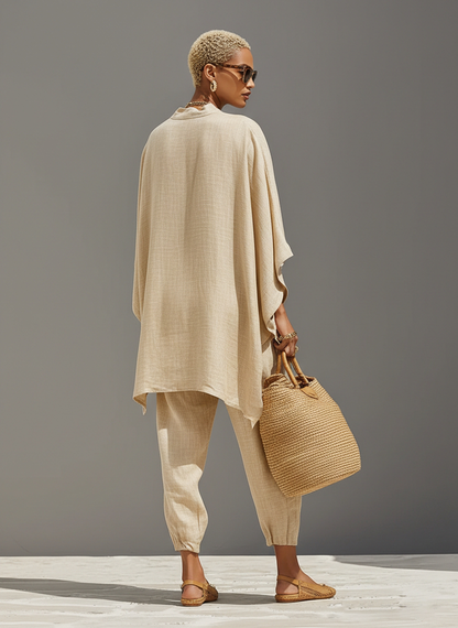Conjunto Neutro de Lino para Mujer con Dobladillo Asimétrico y Diseño Minimalista, Estilo Diario-Casual Sofisticado