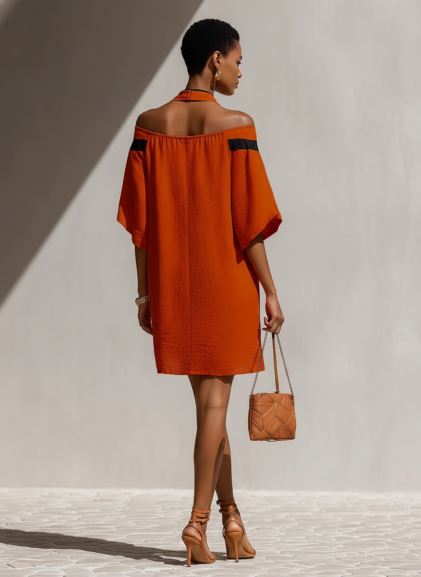 Vestido Mini Naranja Mujer Off-Shoulder Con Detalle de Cuello con Lazo Negro