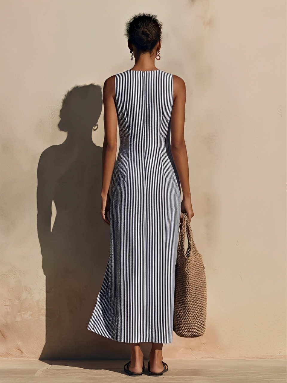 Vestido Maxi de Algodón Azul-Blanco a Rayas para Mujer con Estilo Blazer y Doble Botonadura, Vestido Náutico Casual Atemporal