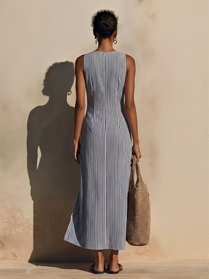 Vestido Maxi de Algodón Azul-Blanco a Rayas para Mujer con Estilo Blazer y Doble Botonadura, Vestido Náutico Casual Atemporal