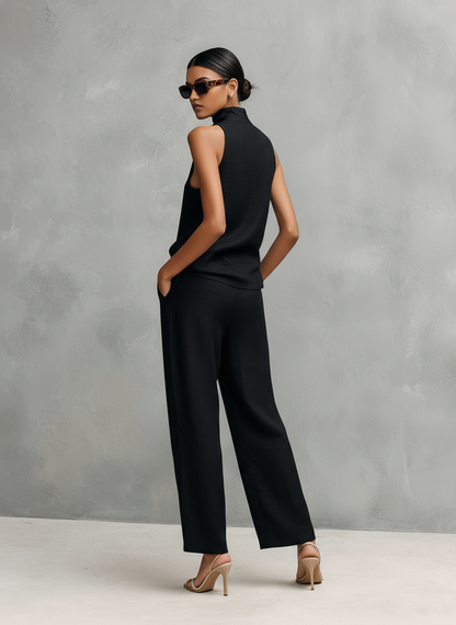 Conjunto de Top Sin Mangas y Pantalones Elegantes de Algodón y Lino Negro para Mujer