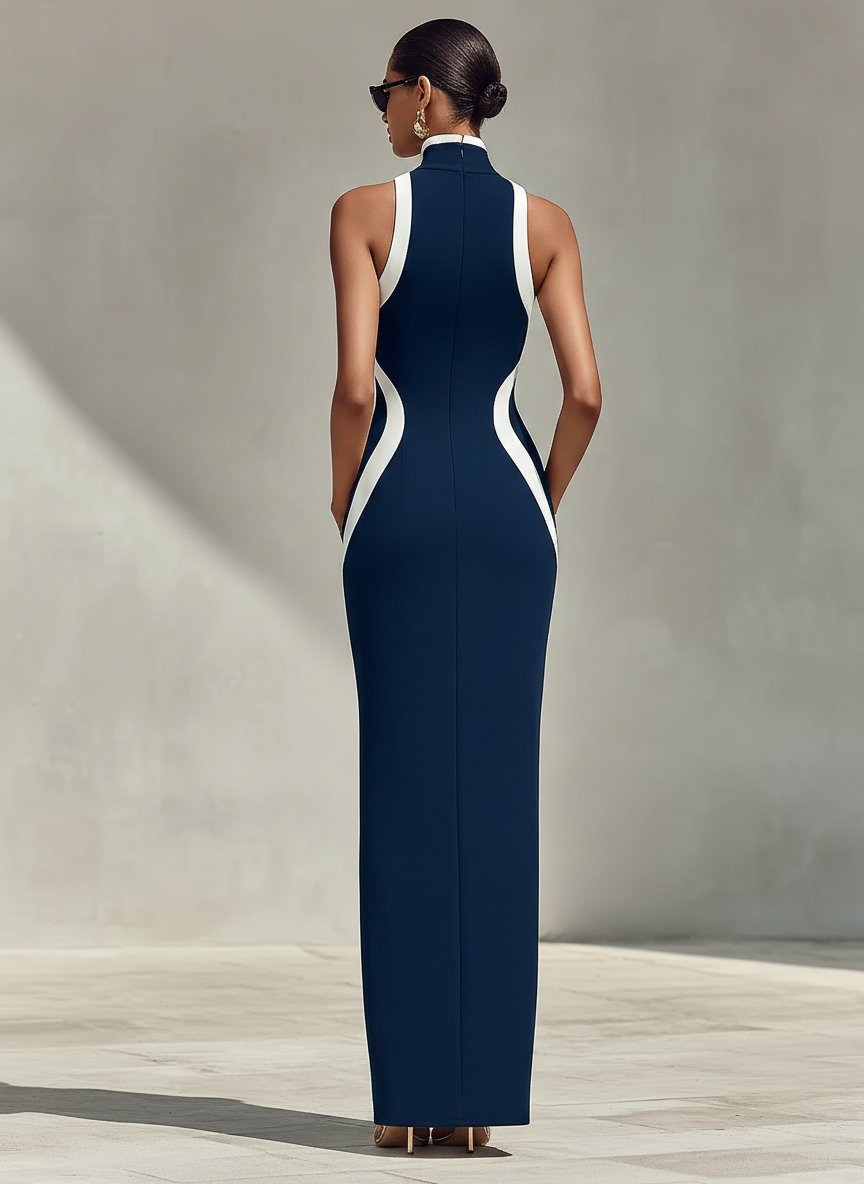 Vestido Ajustado Azul Marino y Blanco con Detalle de la Cremallera Frontal y Abertura Lateral, Vestido Elegante y Sin Esfuerzo