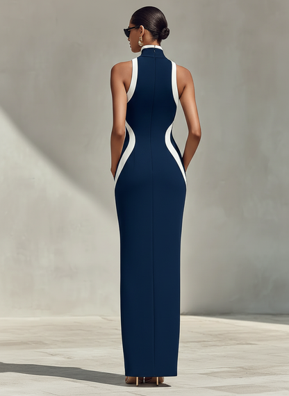 Vestido Ajustado Azul Marino y Blanco con Detalle de la Cremallera Frontal y Abertura Lateral, Vestido Elegante y Sin Esfuerzo