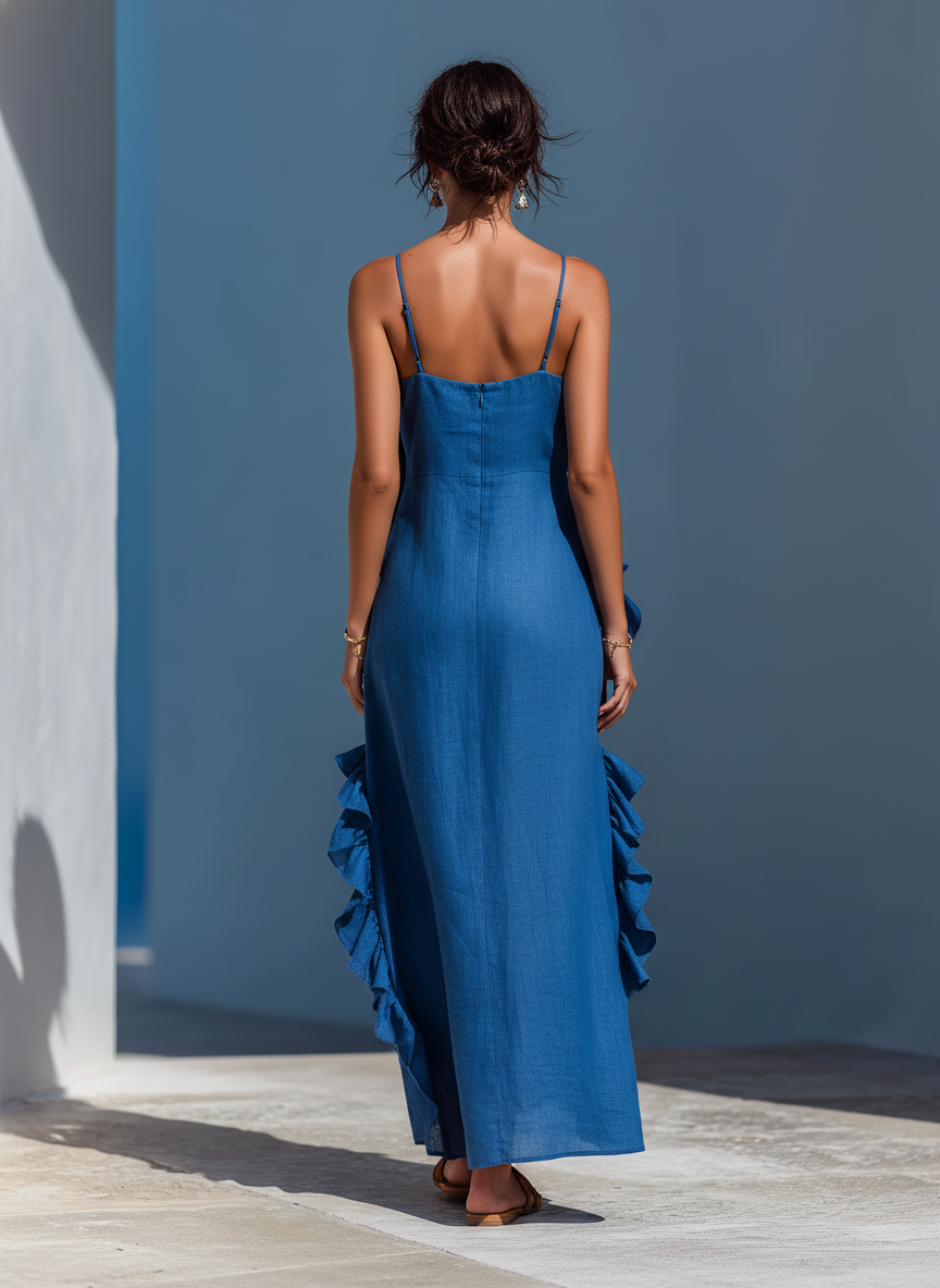 Vestido Maxi Mujer de Lino Azul con Tirantes Finos y Volantes