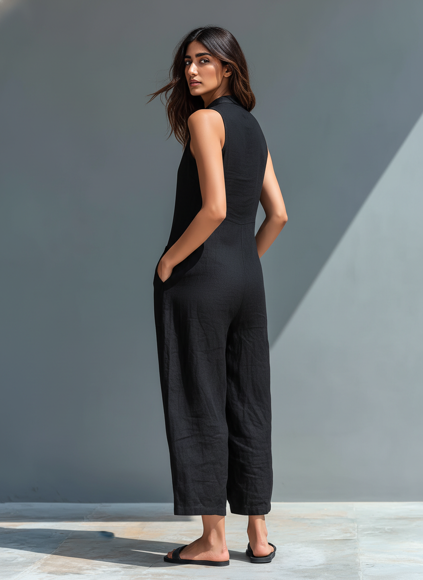 Pantalón sin mangas de mezcla de lino con cuello alto y botones para mujeres