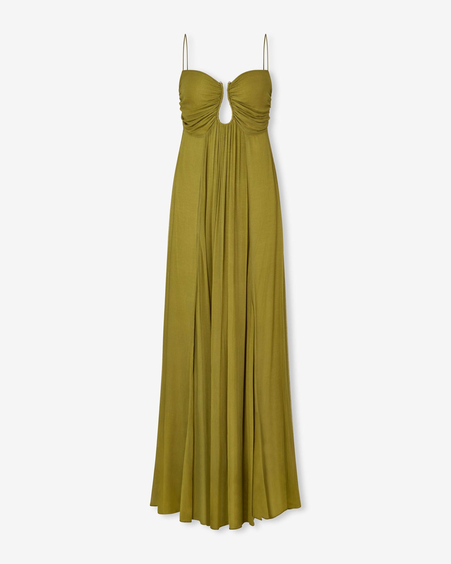 KORA – VESTIDO MAXI ARRUGADO EN OLIVA BAÑADO POR EL SOL