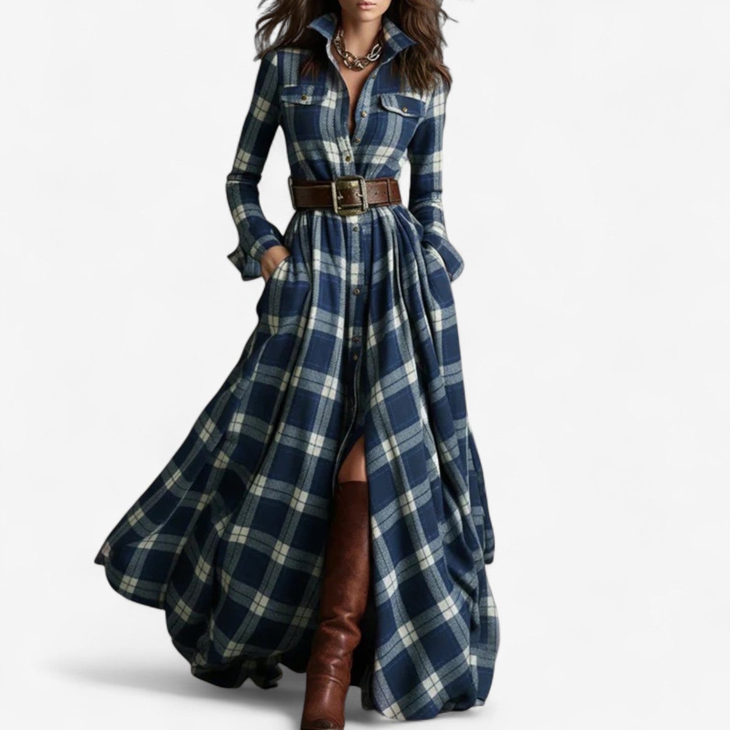 Vestido Maxi a Cuadros Atemporal - Elegancia Rústica y Refinada