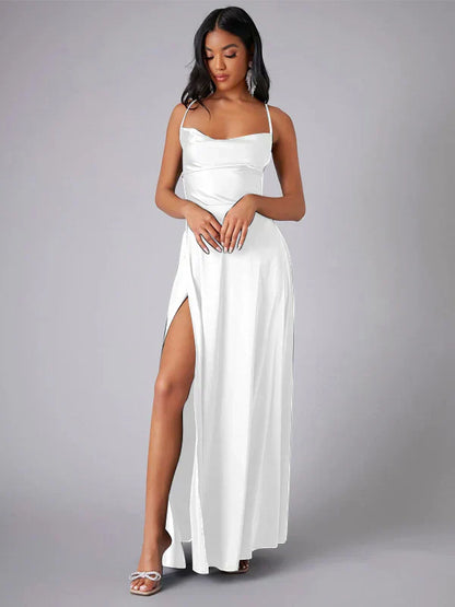 Vestido Maxi de Noche con Tirantes de Espagueti para Mujeres con Alta Rendija