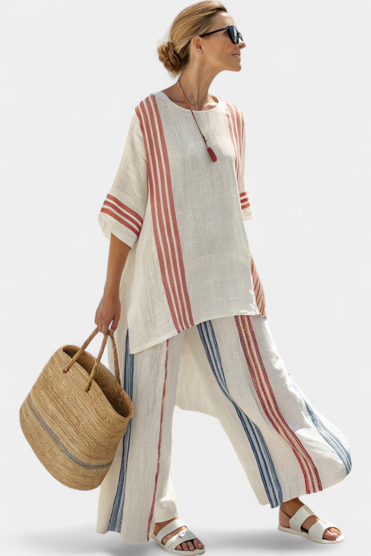 Solvane | Top a rayas multicolor sofisticado y pantalones mediterráneos