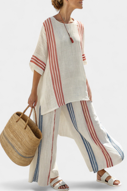 Solvane | Top a rayas multicolor sofisticado y pantalones mediterráneos