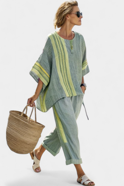 Elowric | Top Elegante de Lavanda y Pantalones a Rayas Mostaza
