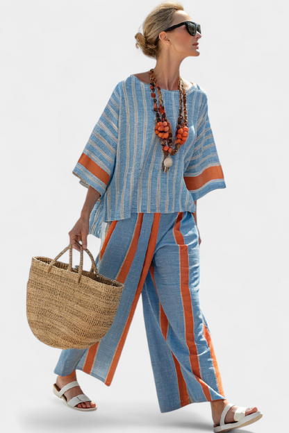 Velmere | Top de Terracota a Rayas Sofisticado y Pantalones de Lino