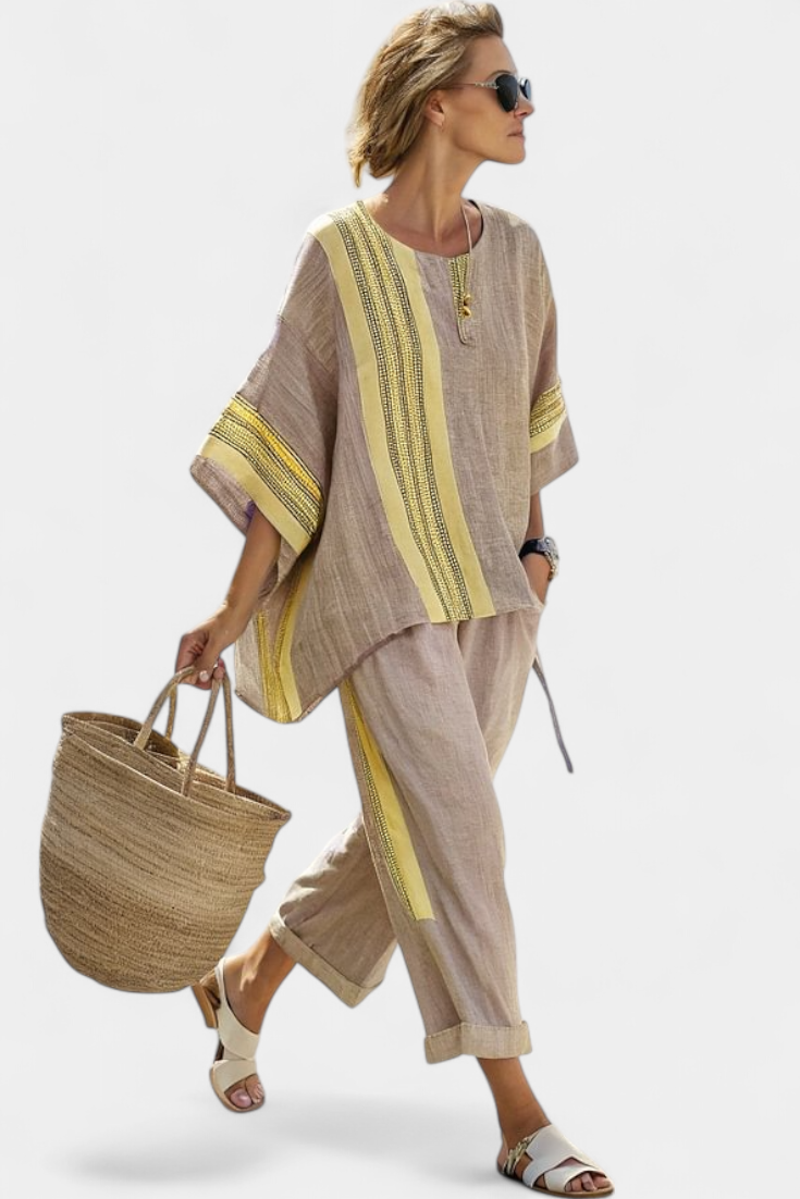 Elowric | Top Elegante de Lavanda y Pantalones a Rayas Mostaza