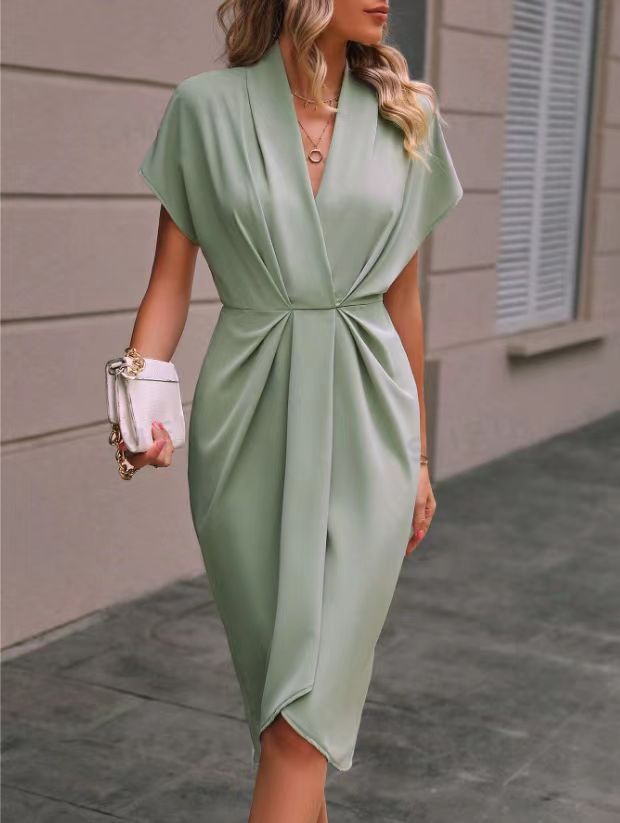 Vestido Midi de Manga Corta para Mujer con Frente Drapado y Abertura Lateral