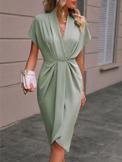 Vestido Midi de Manga Corta para Mujer con Frente Drapado y Abertura Lateral