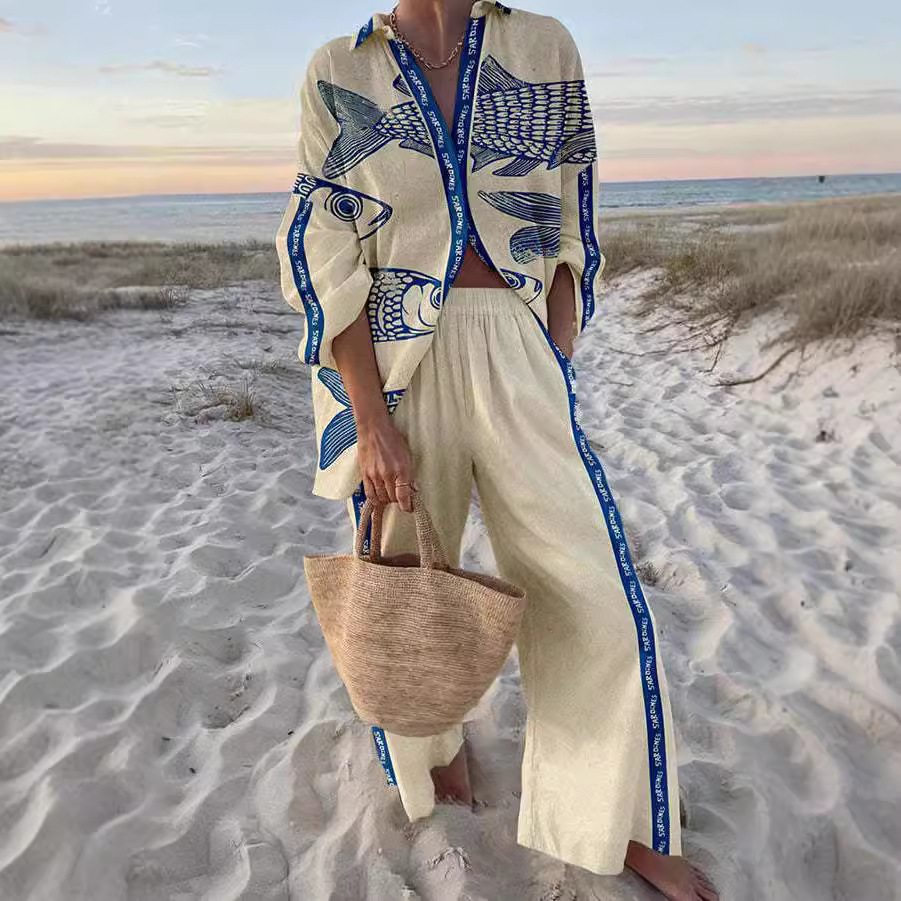 Yazette - Conjunto de Ropa con Estampado de Peces Azules