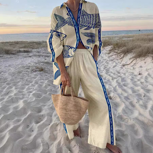 Yazette - Conjunto de Ropa con Estampado de Peces Azules
