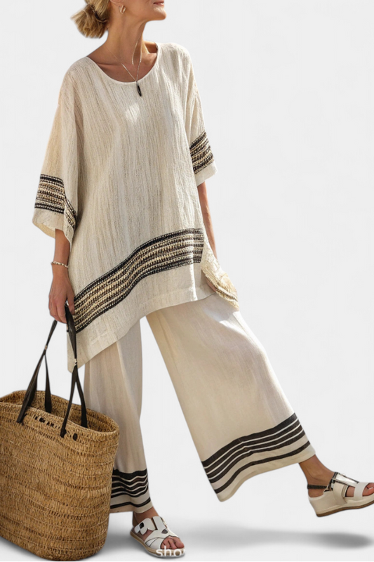 Harlowe | Top de lino negro a rayas elegantes y pantalones fluidos