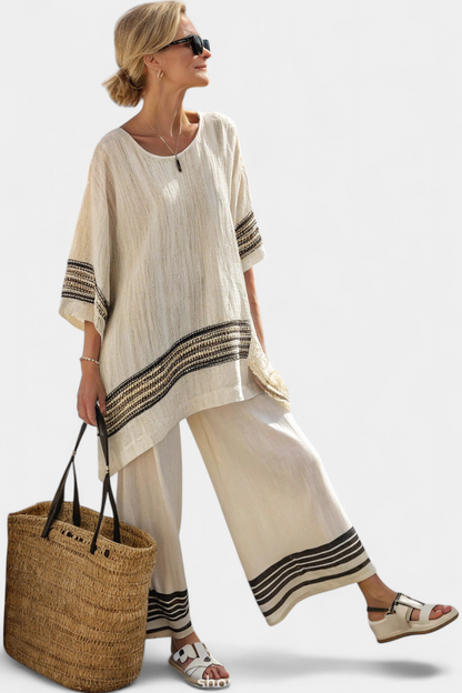 Harlowe | Top de lino negro a rayas elegantes y pantalones fluidos