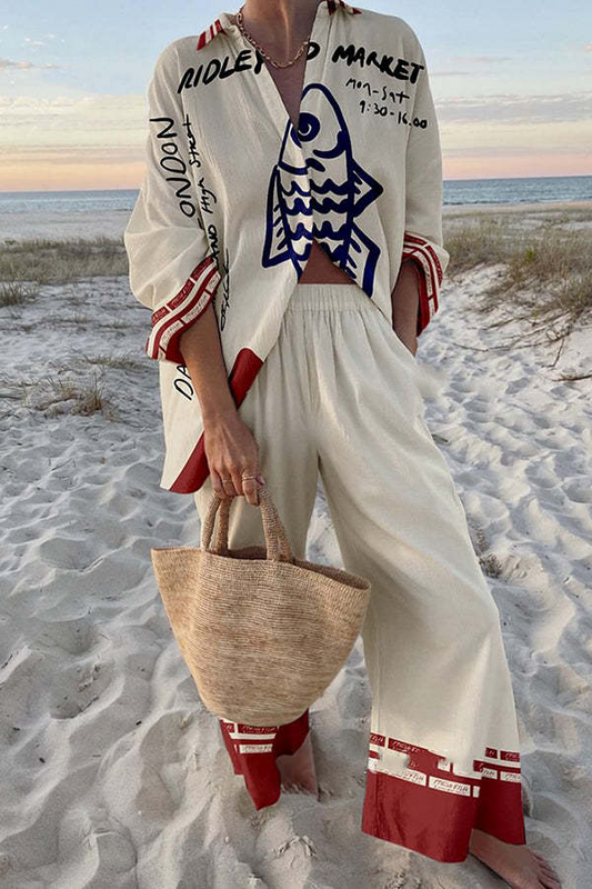 Rounelle - Conjunto de Lino con Estampado de Peces Azules