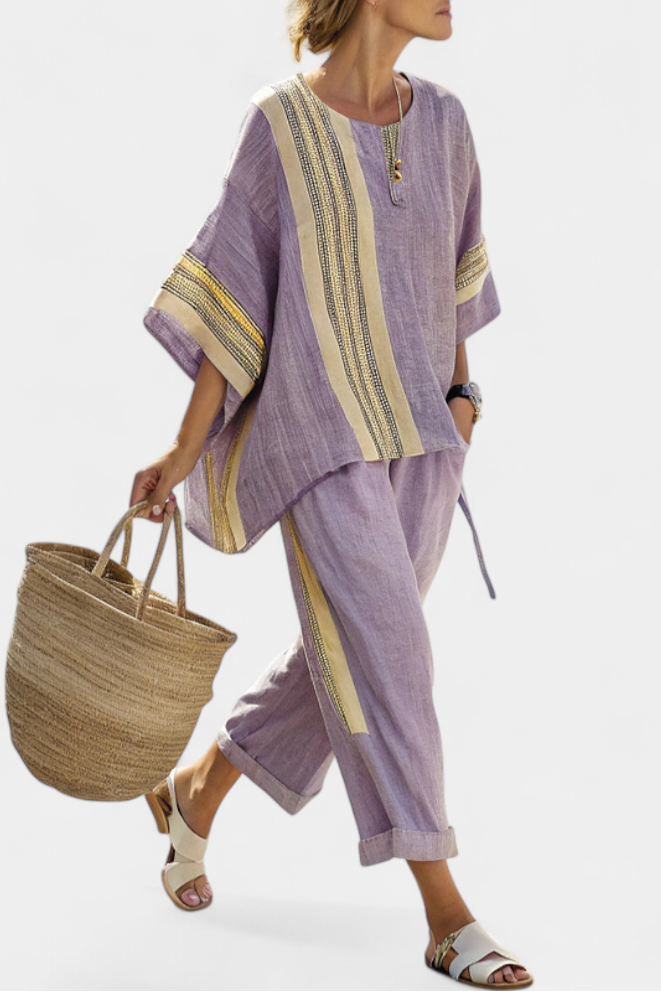 Elowric | Top Elegante de Lavanda y Pantalones a Rayas Mostaza