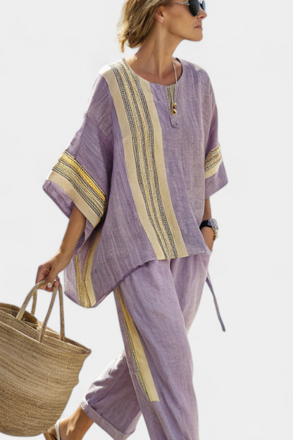 Elowric | Top Elegante de Lavanda y Pantalones a Rayas Mostaza