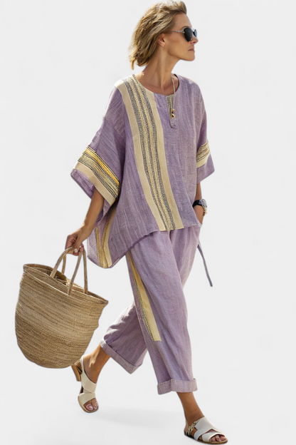 Elowric | Top Elegante de Lavanda y Pantalones a Rayas Mostaza