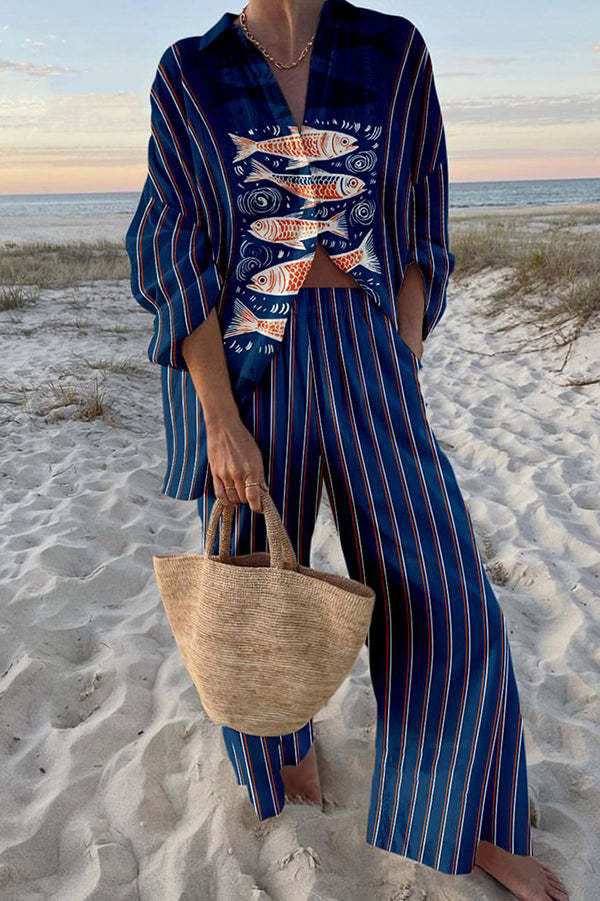 Zairine - Conjunto de Lino con Estampado de Koi Azul