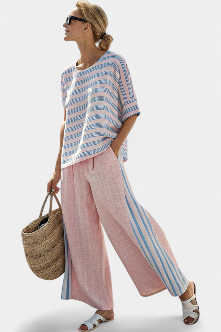 Virella | Blusa de Lino Elegante en Rosa y Azul & Pantalones Suaves
