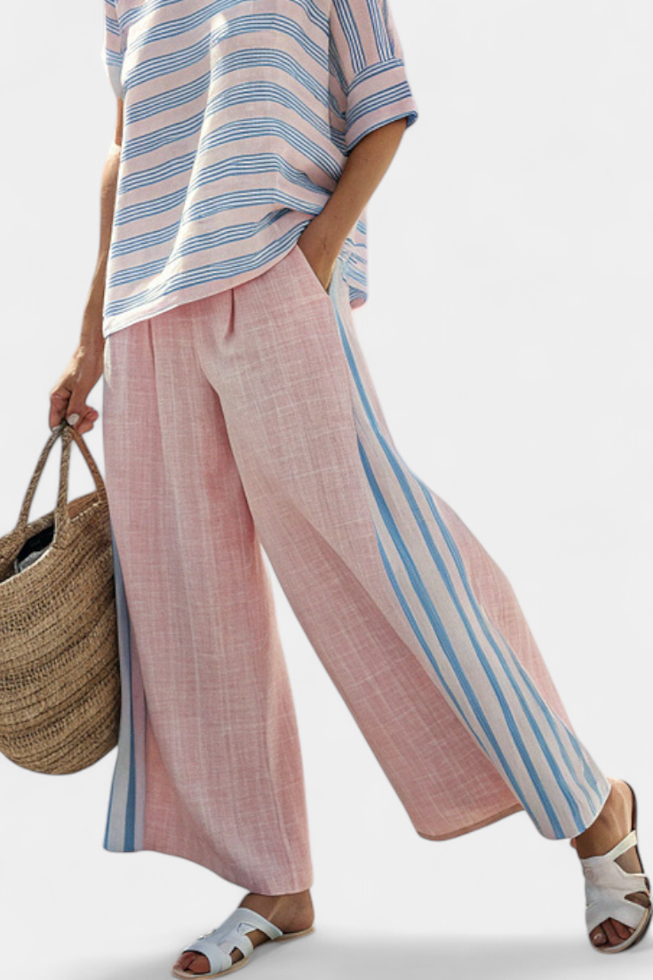 Virella | Blusa de Lino Elegante en Rosa y Azul & Pantalones Suaves