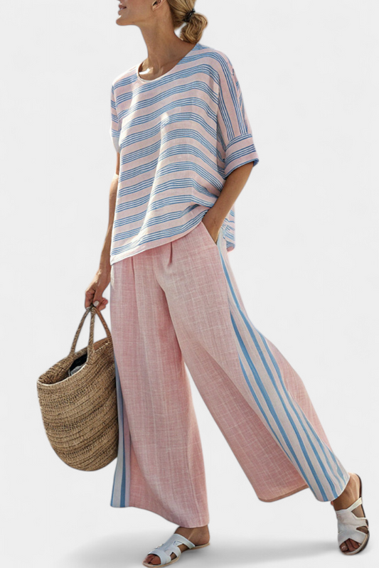 Virella | Blusa de Lino Elegante en Rosa y Azul & Pantalones Suaves