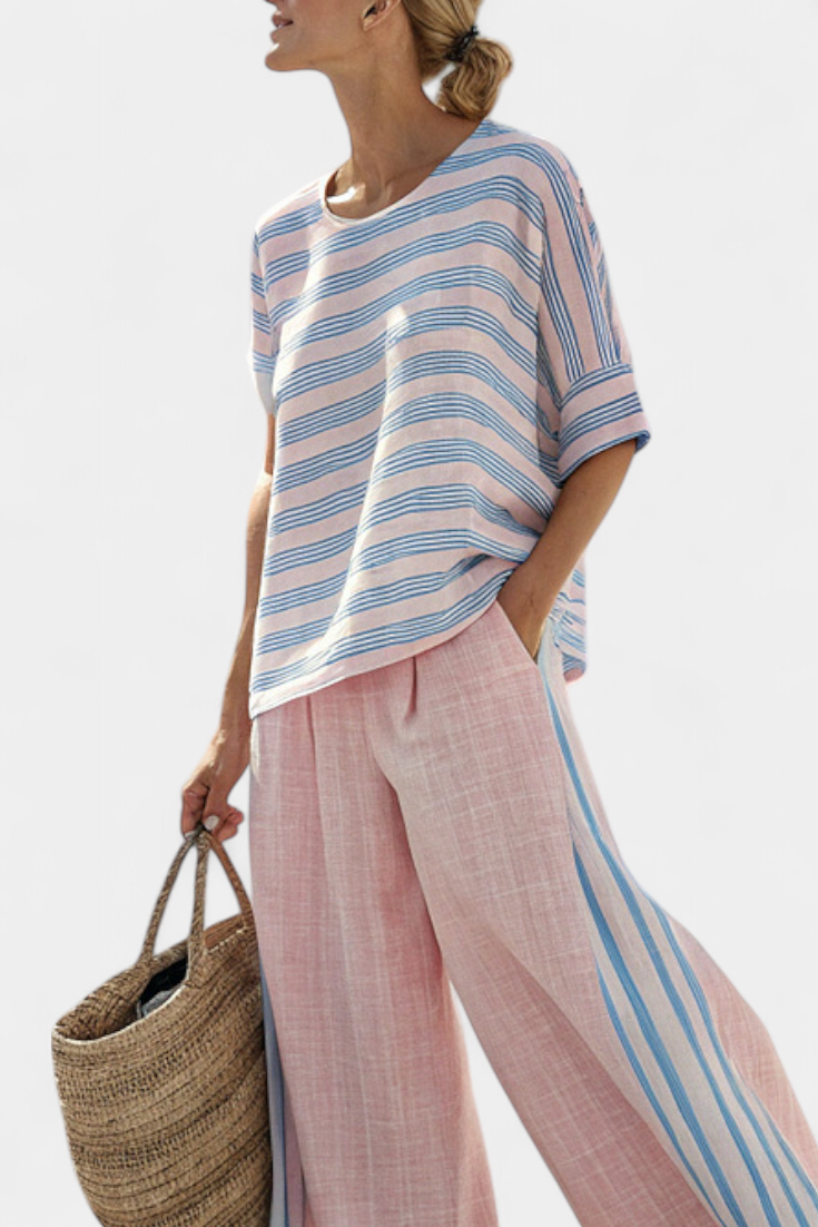 Virella | Blusa de Lino Elegante en Rosa y Azul & Pantalones Suaves