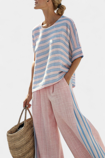 Virella | Blusa de Lino Elegante en Rosa y Azul & Pantalones Suaves