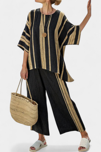 Calden | Conjunto de Top de Rayas Oversized y Pantalones de Lino Relajados