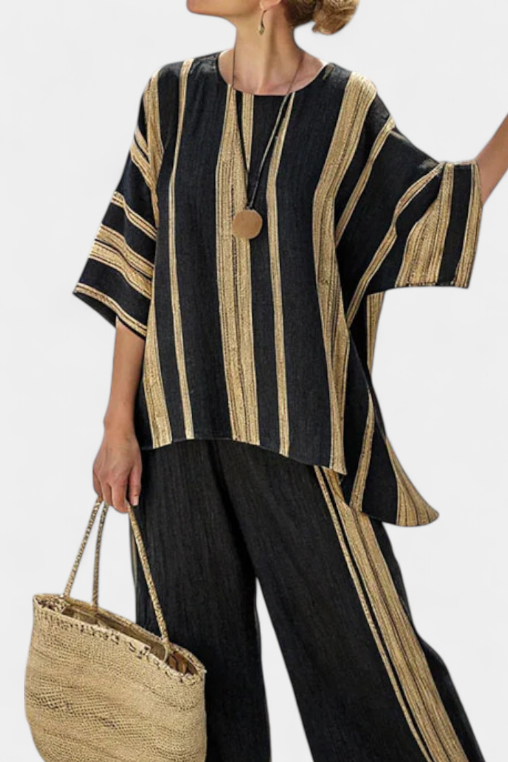 Calden | Conjunto de Top de Rayas Oversized y Pantalones de Lino Relajados