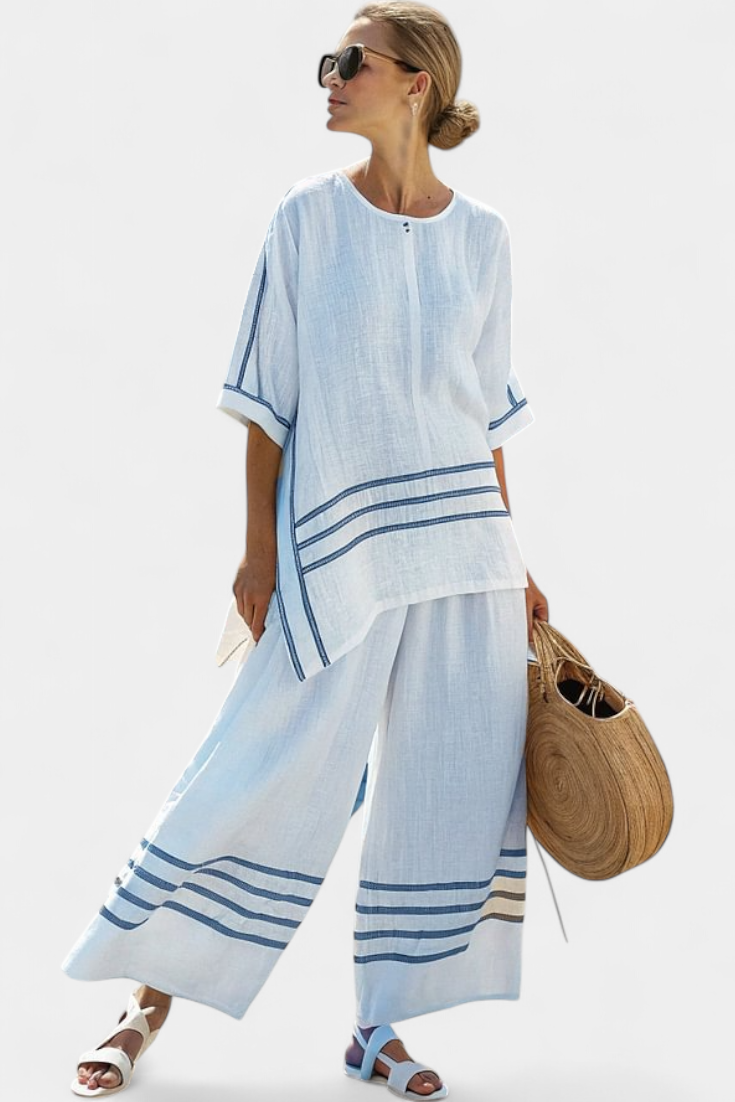 Conjunto Chic a Rayas - Pantalón Largo y Blusa Asimétrica para Mujer