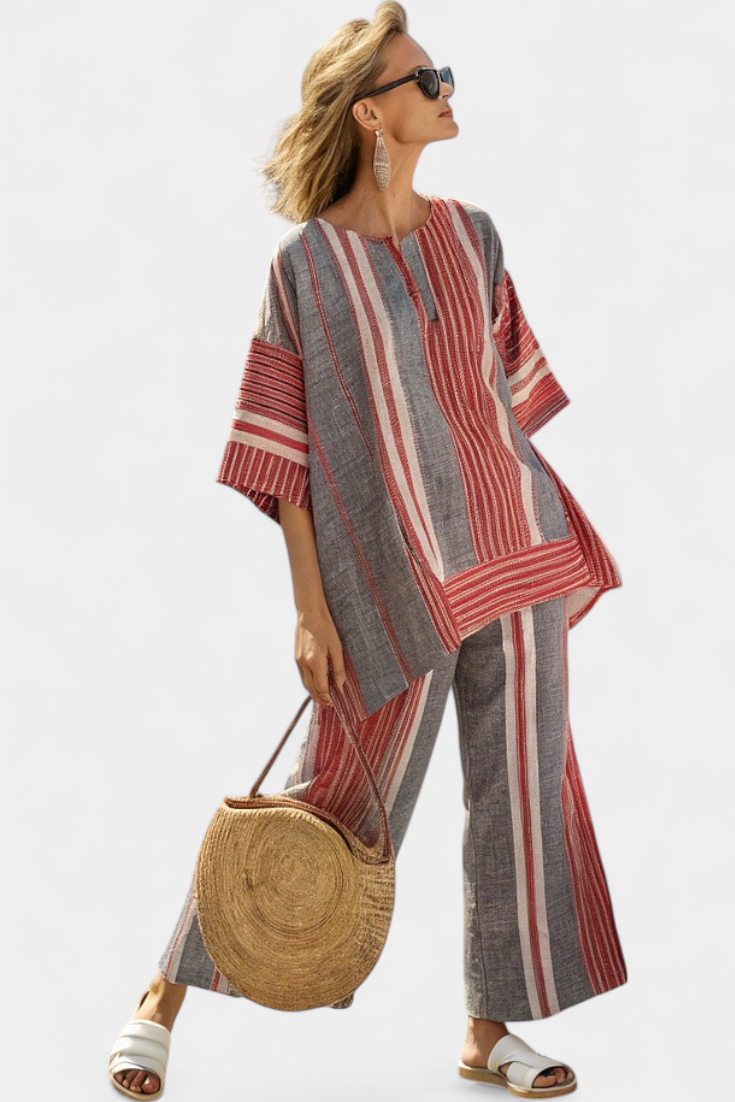 Bravine | Elegante Top de Lino Coral-Gris y Pantalones de Pierna Ancha
