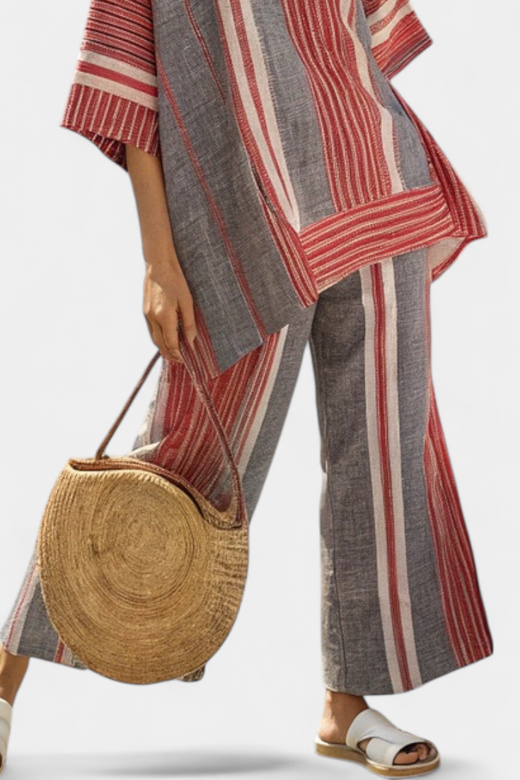 Bravine | Elegante Top de Lino Coral-Gris y Pantalones de Pierna Ancha