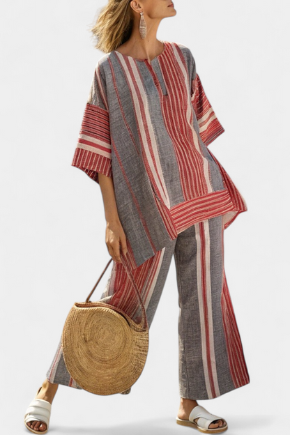 Bravine | Elegante Top de Lino Coral-Gris y Pantalones de Pierna Ancha