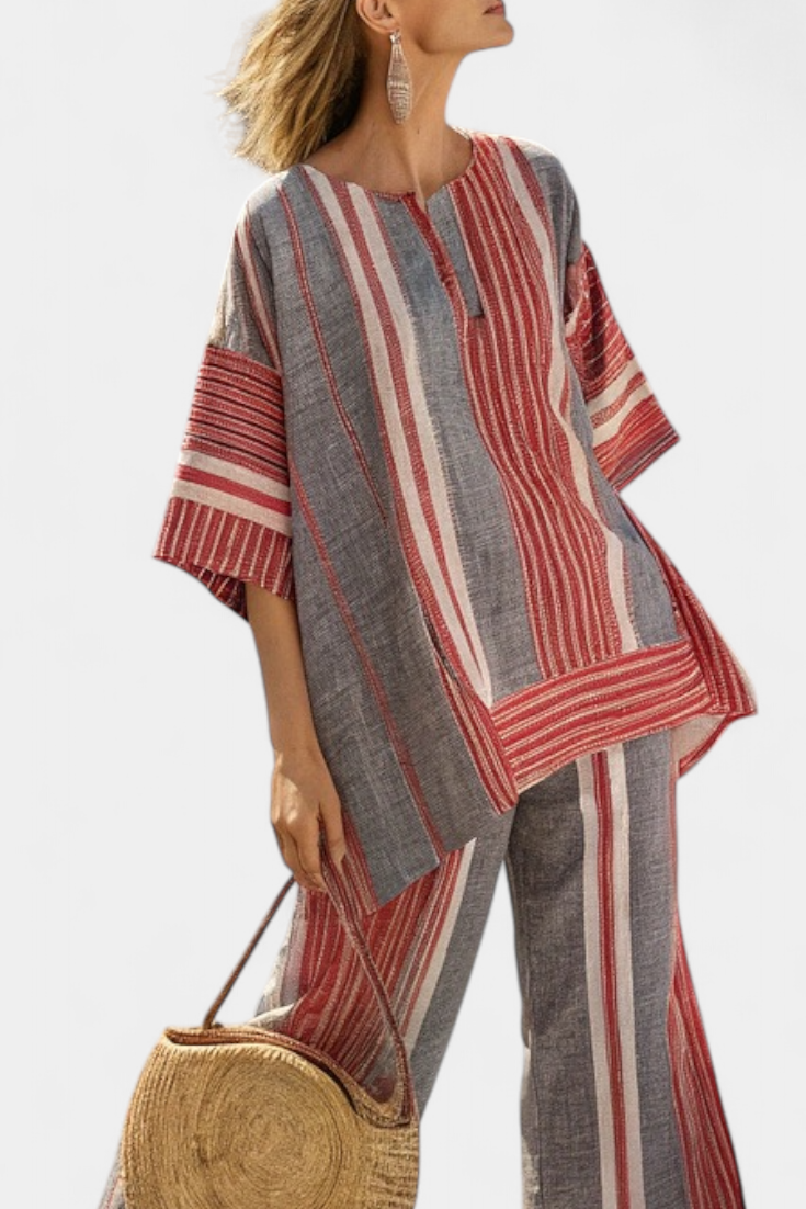 Bravine | Elegante Top de Lino Coral-Gris y Pantalones de Pierna Ancha