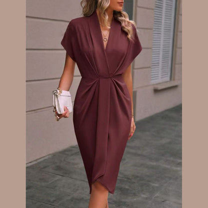 Vestido Midi de Manga Corta para Mujer con Frente Drapado y Abertura Lateral