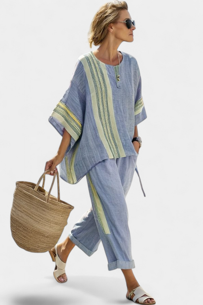Elowric | Top Elegante de Lavanda y Pantalones a Rayas Mostaza