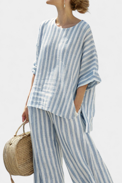 Rensleigh | Top de lino azul a rayas sofisticado y pantalones relajados